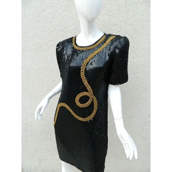 Patra Dress Vintage Size M/L Black Gold‎ Rope Sequin Beaded Cocktail Party - Picture 6 of 14